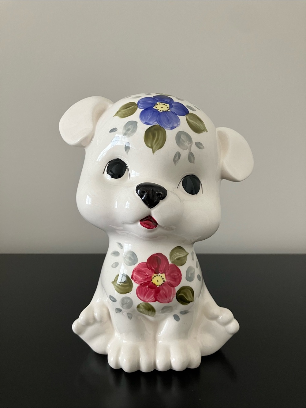 Vintage Japan Kitsch Ceramic Floral Puppy Bank